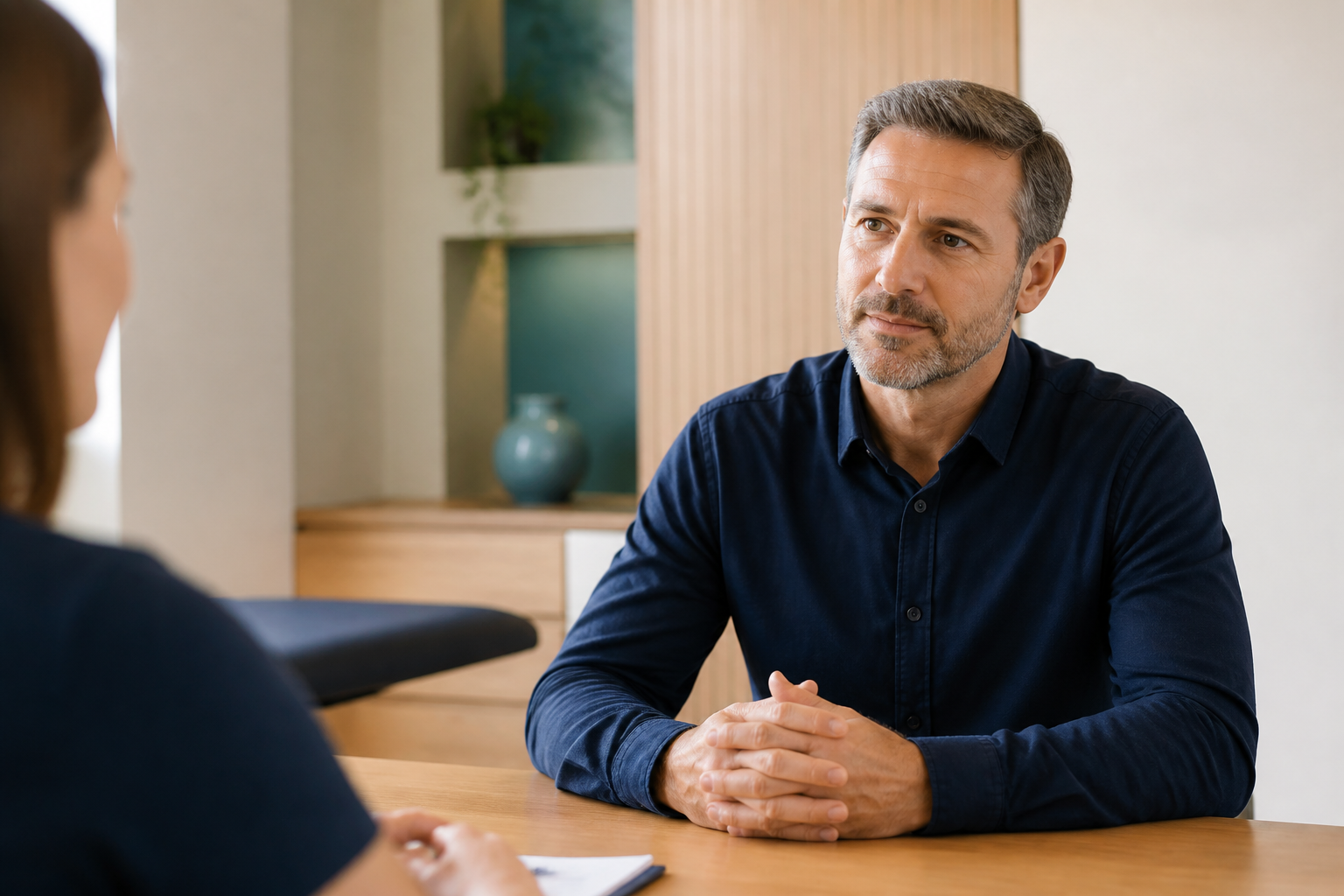 Hombre conversando en una consulta privada de salud masculina